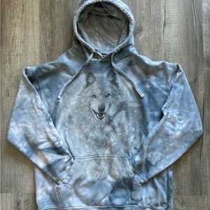 The Mountain Wolf hoodie - grey, white, & blue tie dye